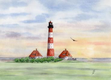 Poster DIN-A3 Watercolor Maritime Art Print North Sea St. Peter Ording SPO Westerhever Lighthouse Ocean Beach